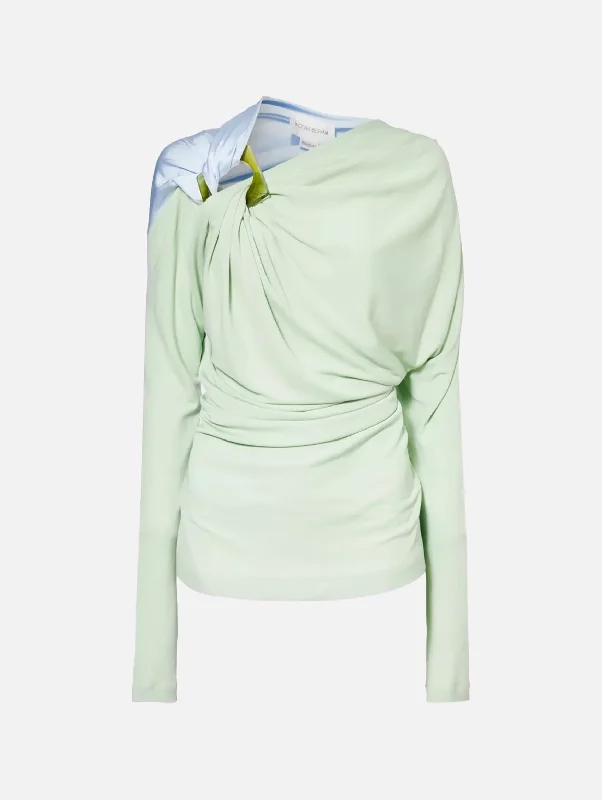 Long Sleeve Draped Jersey Top in Jade Iceberg