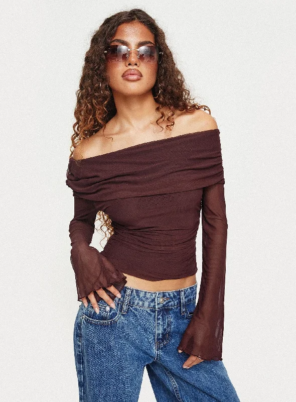 Serenah Mesh Off The Shoulder Top Brown