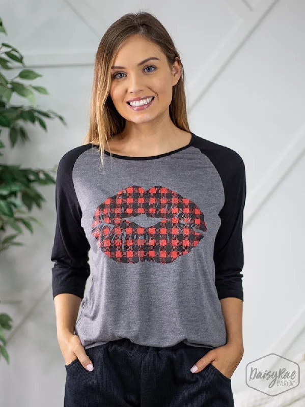 Buffalo Plaid Lips on Black & Grey Raglan