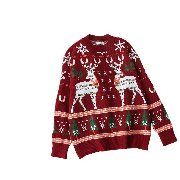 Christmas snowflake deer jacquard knit, fall/winter round neck loose bottom sweater, pullover sweater  1415