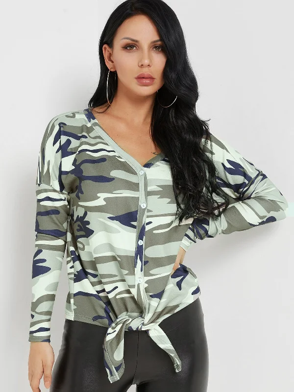 Custom V-Neck Camouflage Tie-Up Long Sleeve Camouflage Top