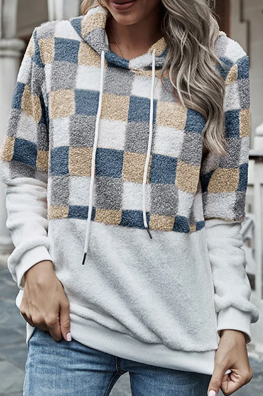 Street Plaid Draw String Hooded Collar Tops