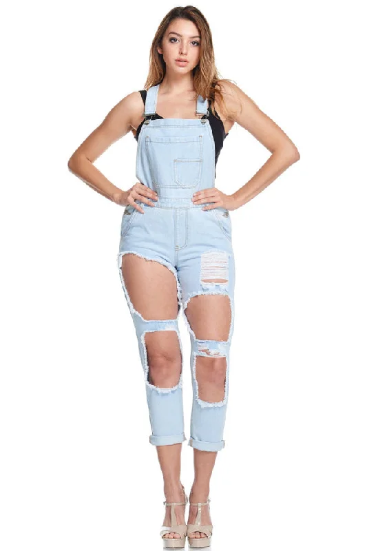 Women's Holey Ripped Denim Overalls