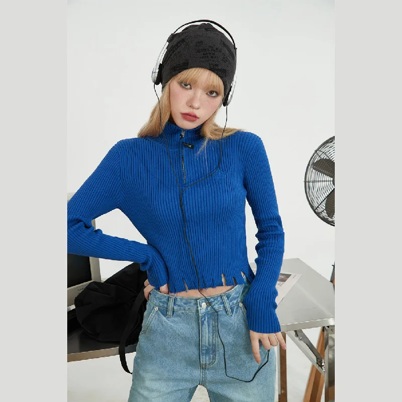 Polo Neck Slit Cropped Knit Top