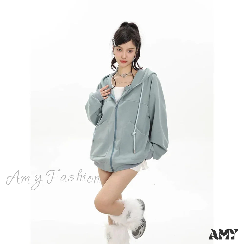 Solid Color Loose Hooded Harajuku Zip Up Long Sleeve Hoodie