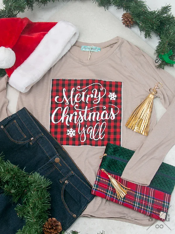 Merry Christmas Y'all Buffalo Plaid Patch on Beige Longsleeve Tee