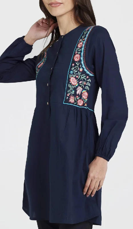 Marzo Embroidered Cotton Modest Buttondown Tunic - Navy