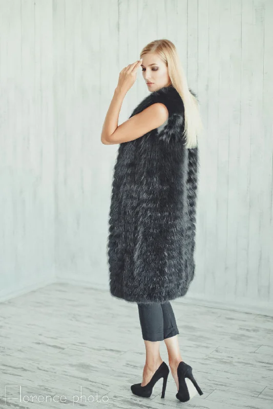 Fox Fur Long Vest (Black)