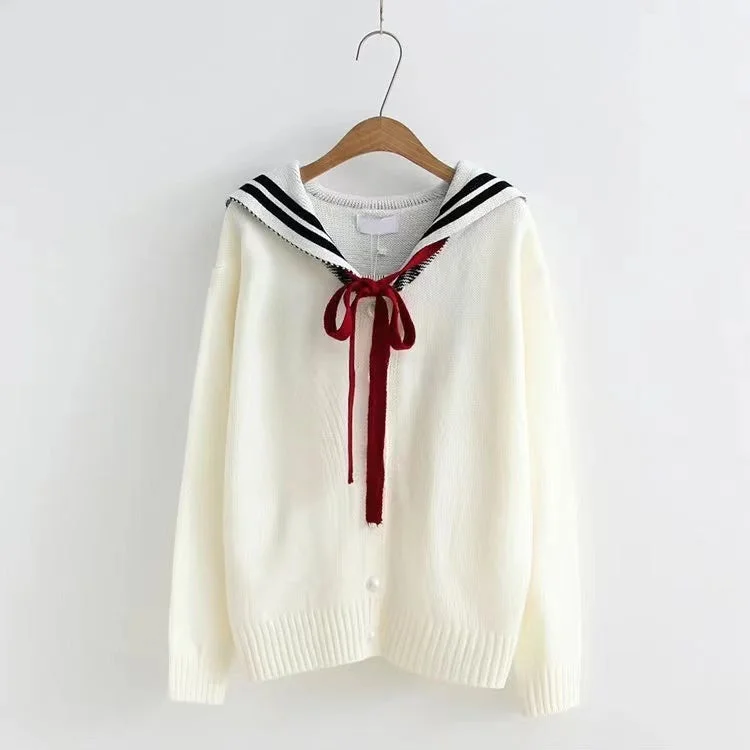 Navy collar long sleeve sweater, student tie bow knit cardigan  1414