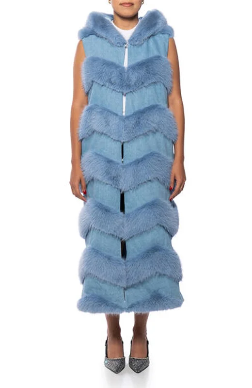 JEMI BLUE CHEVRON FAUX FUR TRENCH VEST