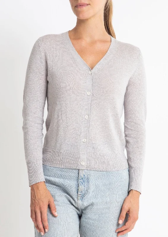 Cotton + Cashmere Superfine V Cardigan in Silver Marle