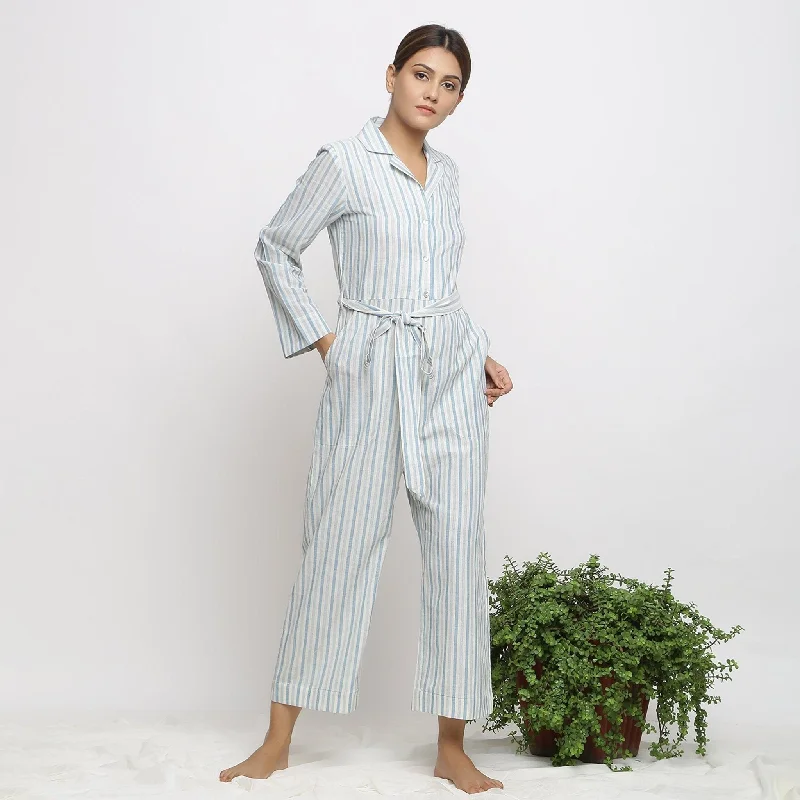 Blue Cotton Muslin Ankle Length Button-Down Overall