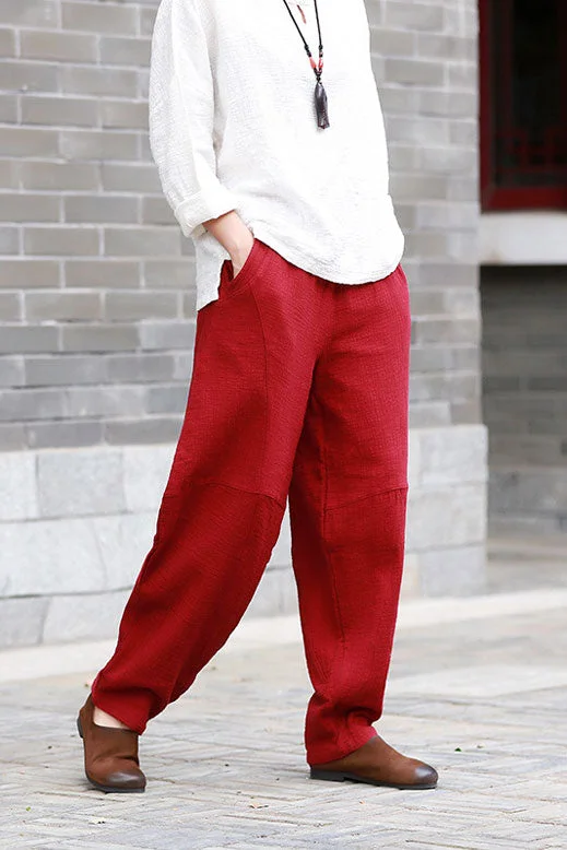 Spring and summer new women's clothing vintage pure color patchwork linen pants J011-3