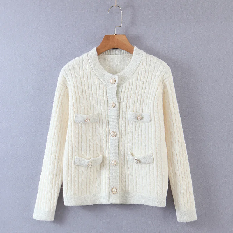 Pearl button cardigan sweater for women's dress with small fragrance and twist design  1350