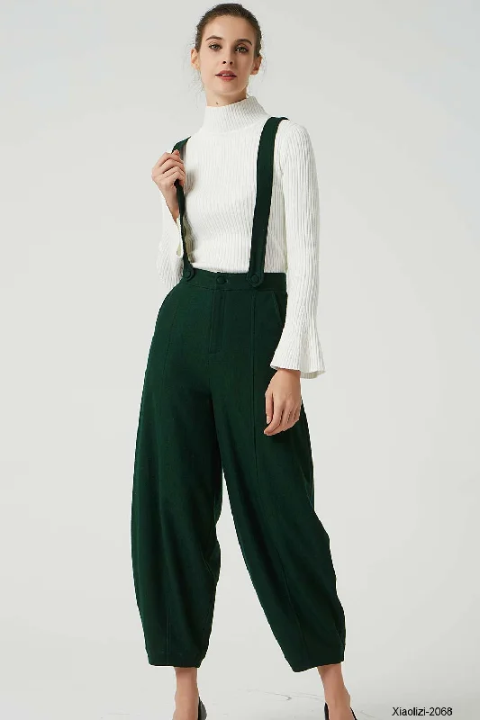 Green suspender wool pant with pockets 2068