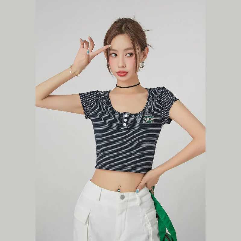 Stripe Front Button Crop Top