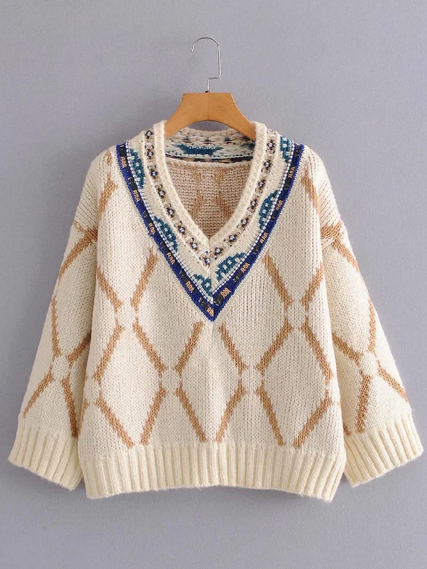 Embroidered pattern V-neck thickened ethnic style sweater loose-fitting sweater for women  1368