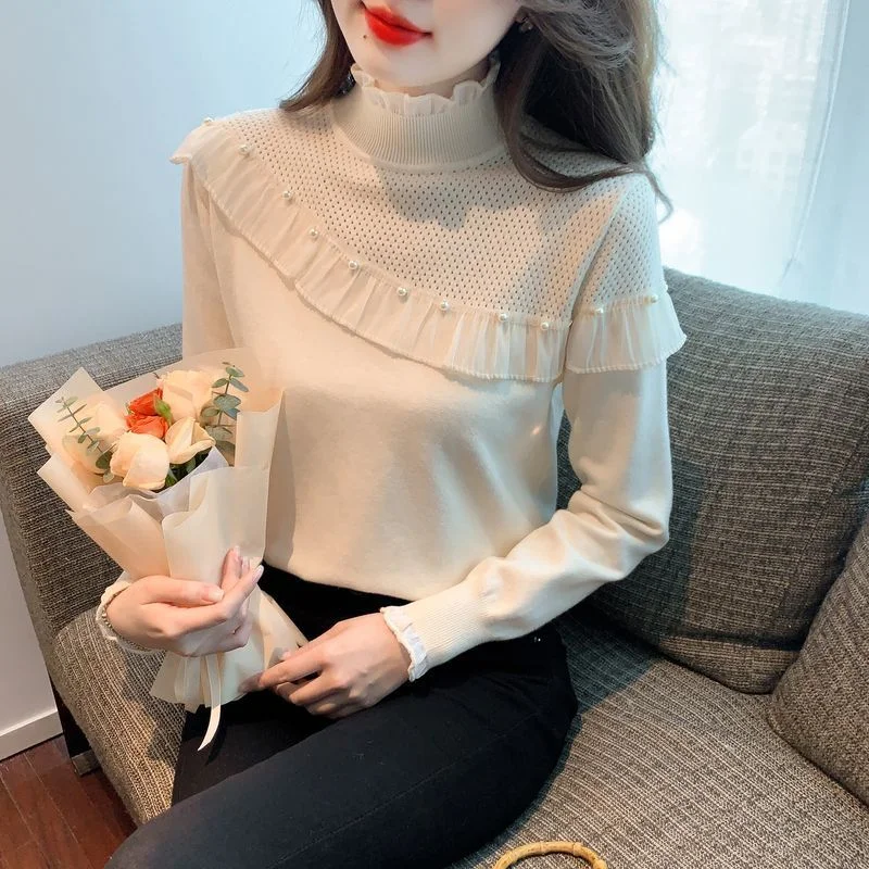 Women's Ruffled Stitching Half-high Collar Long Sleeves Knitwear