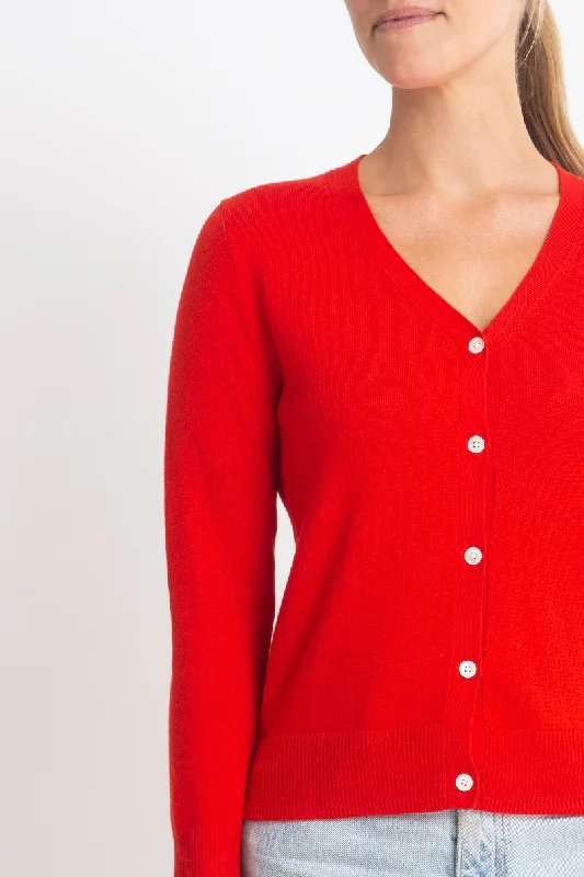 Cotton + Cashmere Superfine V Cardigan in Red