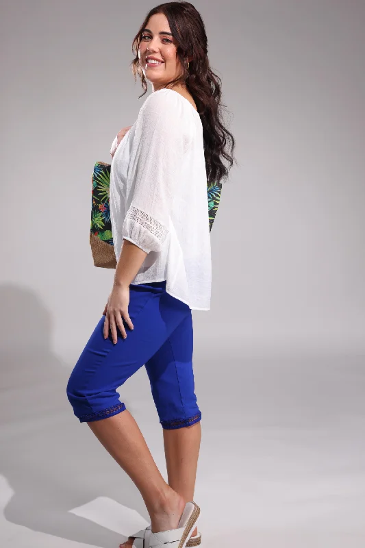 Mid Calf Pants with lattice trim | COBALT | 6302A1