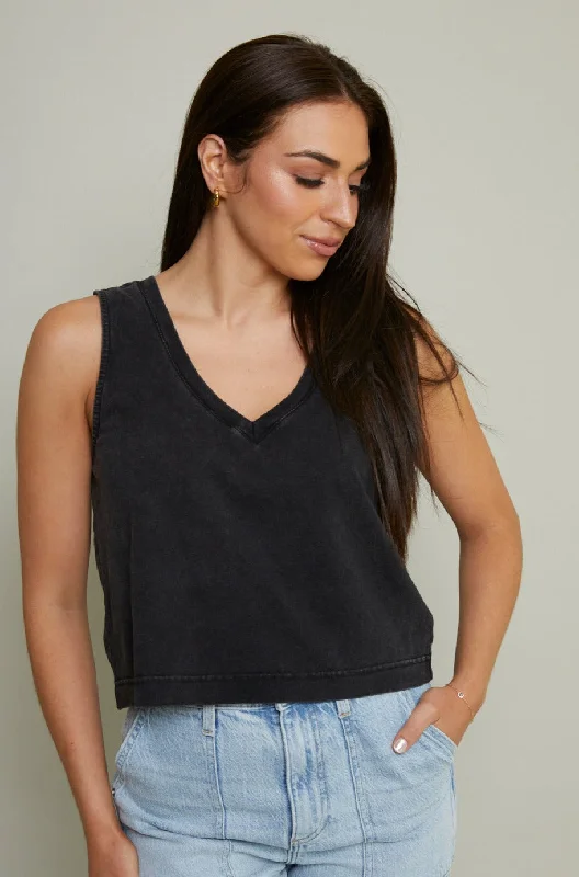 Lucia Jersey Knit V-Neck Tank - Black