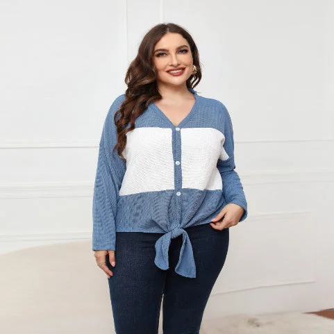 Long-sleeved V-neck Open Placket Top