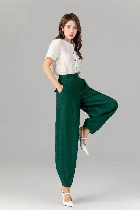 Green loose fitting long linen pants for spring Handmade by xiaolizi family studio 4919