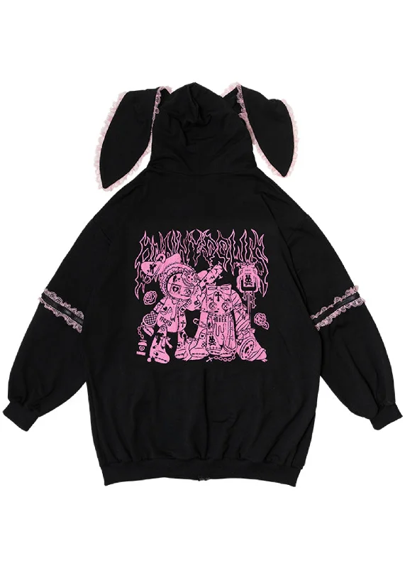 Bunny Dolls Punky Bunny Usamimi Black Pink Oversized Zip Hoodie