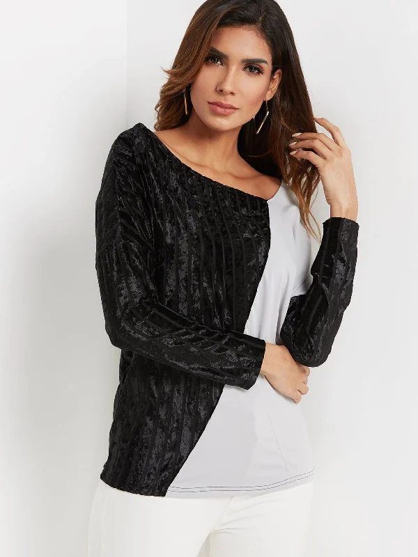 Custom V-Neck Velvet and Asymmetrical Long Sleeve Top