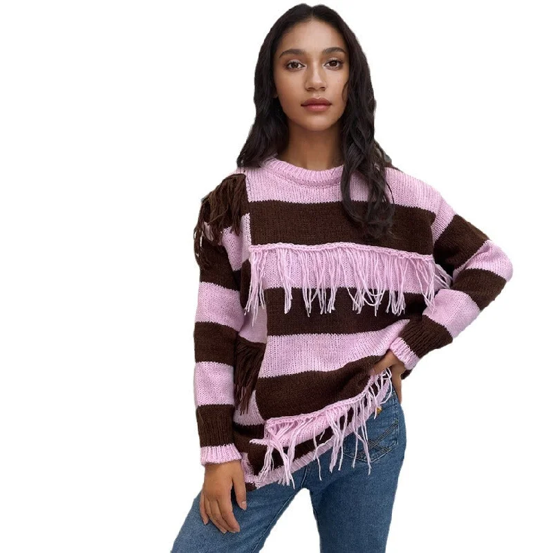 Contrast Color Tassel Sweater Sweater Striped European And American Top