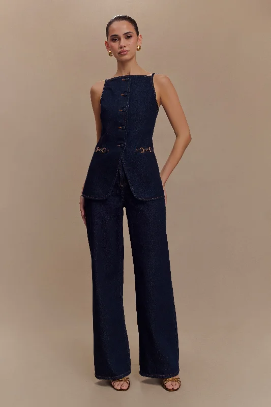 Ashton Sleeveless Button Denim Top - Indigo Blue