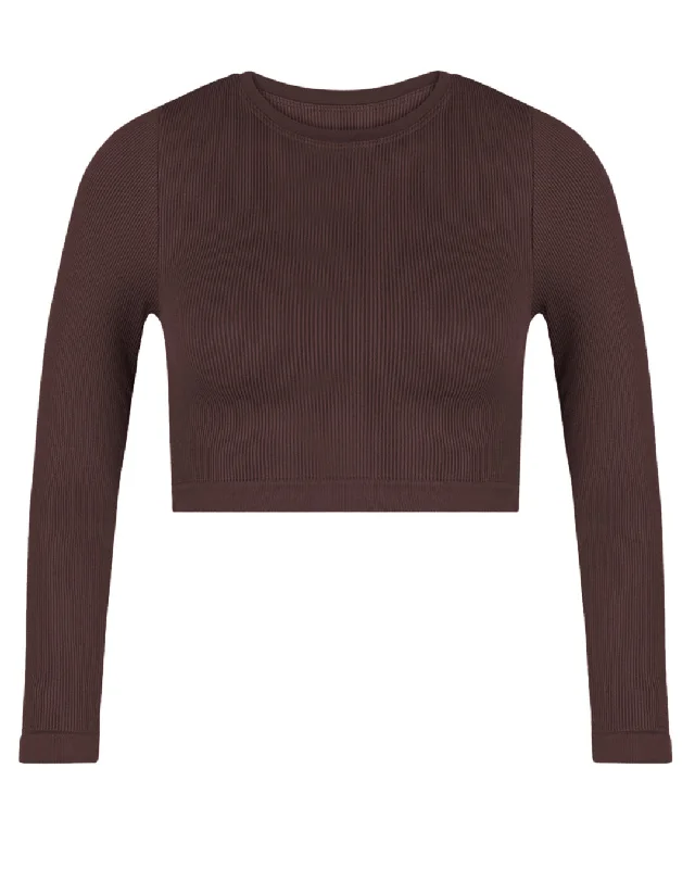 EVOKE Ribbed Long-Sleeve Crop Top | Chocolate Brown